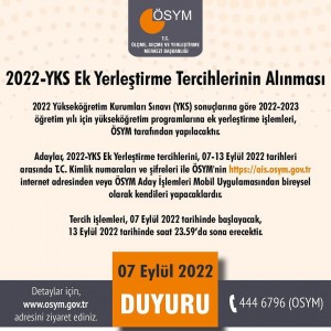 2022 YKS EK YERLEŞTİRME TERCİHLERİN ALINMASI