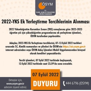 2022 YKS EK YERLEŞTİRME TERCİHLERİN ALINMASI