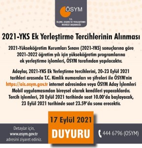 2021-YKS EK YERLEŞTİRME TERCİHLERİNİN ALINMASI.