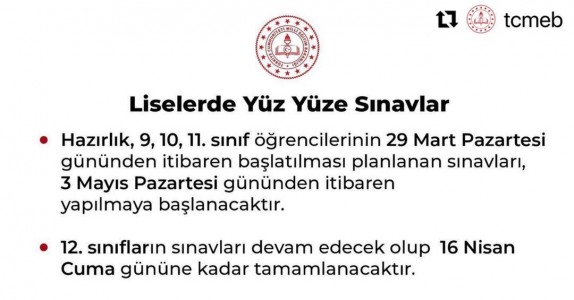 LİSELERDE YÜZ YÜZE SINAV TAKVİMİ GÜNCELLEMESİ