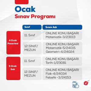 04 OCAK 2021 PAZARTESİ İTİBARİYLE ''EĞİTİM YÖNETİM SİSTEMİ (EYS)'' ÜZERİNDEN GERÇEKLEŞECEK ONLİNE SINAV PROGRAMIMIZ TABLODAKİ GİBİDİR.⠀