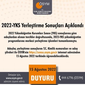 2022 YKS YERLEŞTİRME SONUÇLARI AÇIKLANDI.