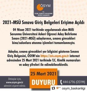 2021-MSÜ SINAV GİRİŞ BELGELERİ ERİŞİME AÇILDI
